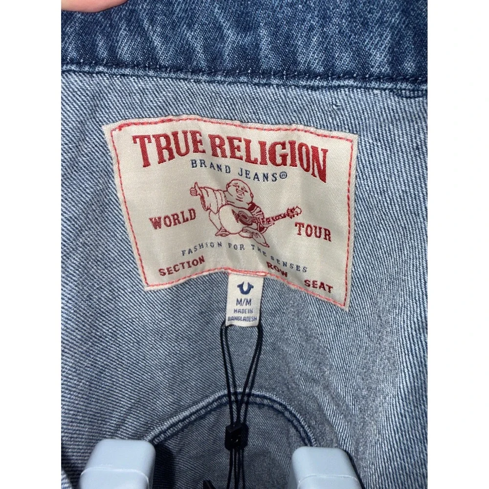 True Religion Mens Denim Trucker Jacket Blue Red Horseshoe Logo World Tour siz M